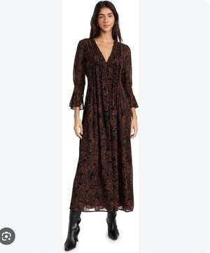 O.p.t Millie Dress Womens Small Black Paisley Chiffon V Neck Ruffle Midi Boho